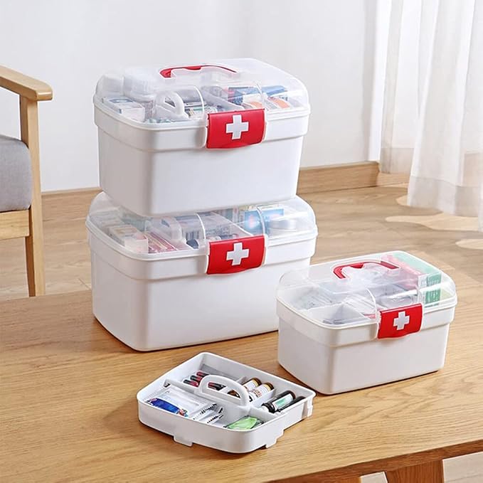 Eforcase Storage Organizer - Medicine Box Plastic First Aid Box Empty - Family Emergency Kit Medication Storage Organizer with Handle Medicine Cabinet Storage Pill Case Durable Organizer Box Bins