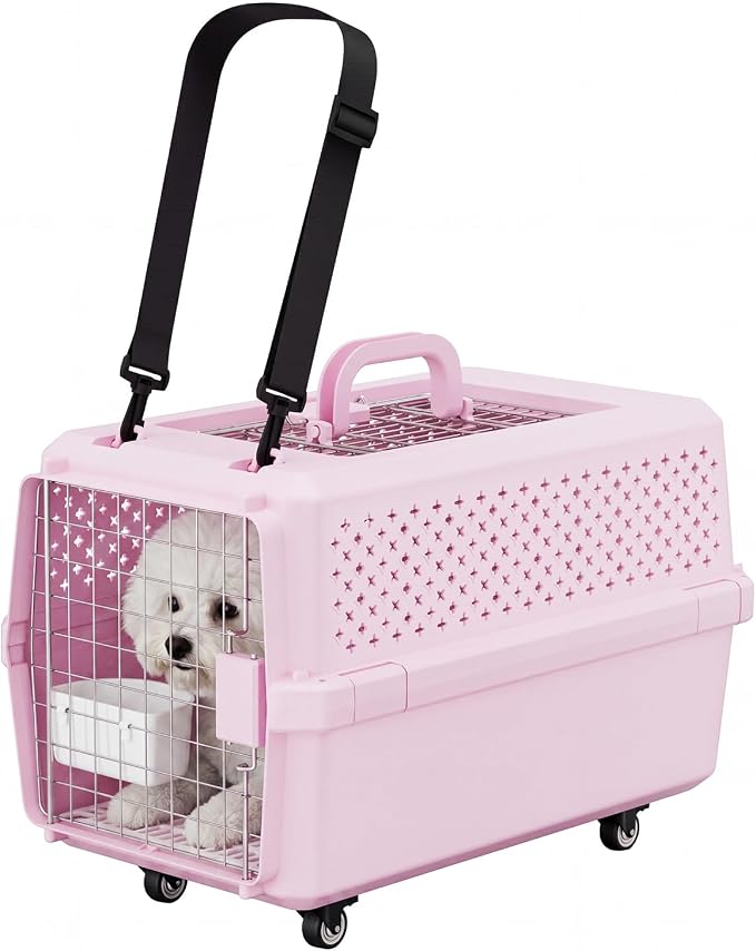 Hard-Sided Carrier: Opening Top Rolling Crate Ventilated 25 lbs | Smooth-Rolling Wheels & Pull Strap / Top Access Door / Spacious Interior / 360° Ventilation / Includes Feeding Bowl