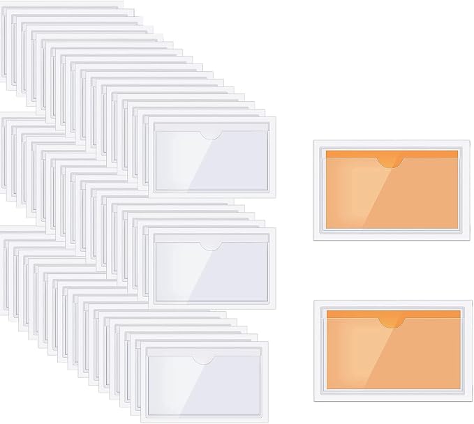 Self Adhesive Label Holders, Storage Bin Label Pockets, 2.3x3.7'', 60pcs | Clear Drawer Labels, Waterproof Adhesive Self Tag for Cabinet, Supermarket, Bookself, Business Card, Mailbox, with Inserts