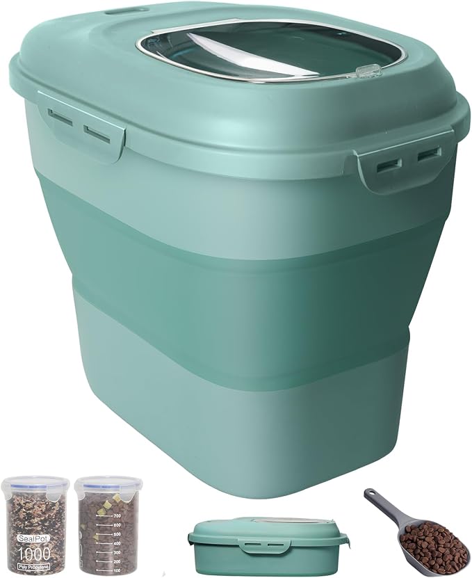 30-35Lbs Dog Food Storage Container Airtight,Collapsible Dog Food Container | Large Pet Food Storage Container with Double Airtight Seal & Magnetic Lid,Cat Food Container with Wheels,2Pcs Container,Scoop