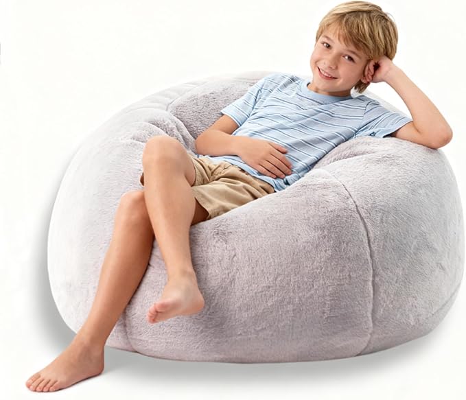 LPMOERA Fluffy Faux Fur (No Filler) Stuffed Animal Bean Bag Storage Covers for Kids Snow Grey