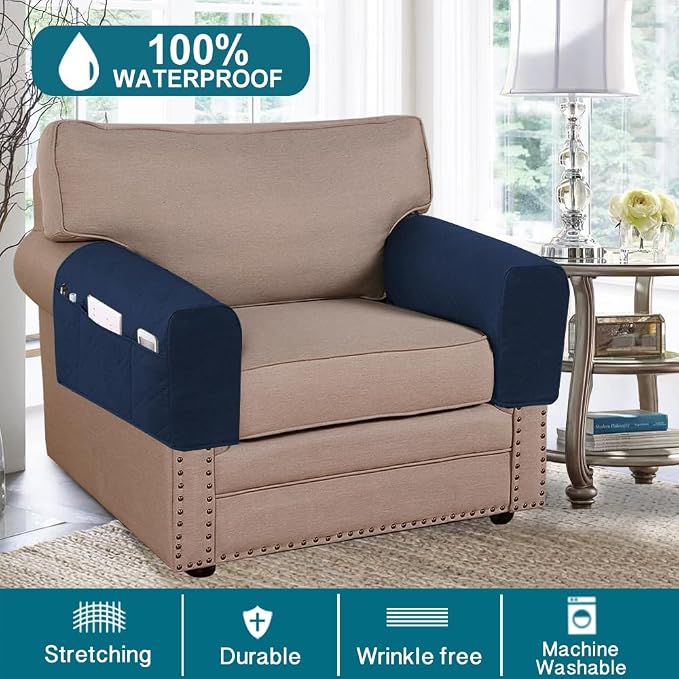 2-Pack Waterproof Armrest Covers for Couches & Chairs – Anti-Slip Furniture Protectors with Side Pockets, Washable Sofa Arm Covers, Universal Stretch Fit (Fits Most Armrests) (Navy)