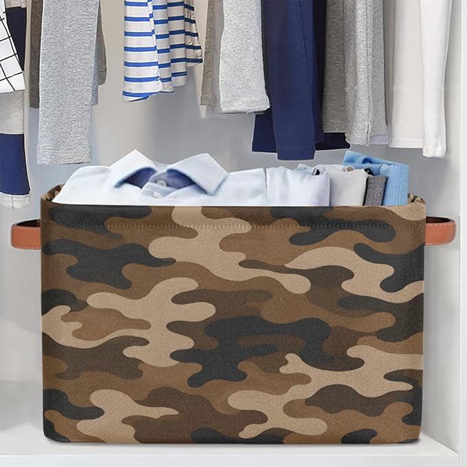 Pardick Camo Basket Storage Bins Rectangle Canvas Basket Cube Storage Box | Nursery Foldable Basket with Handle for Kids Girls Boys Toys Living Room Closet Organizer Shelf Gifts Camouflage Borwn