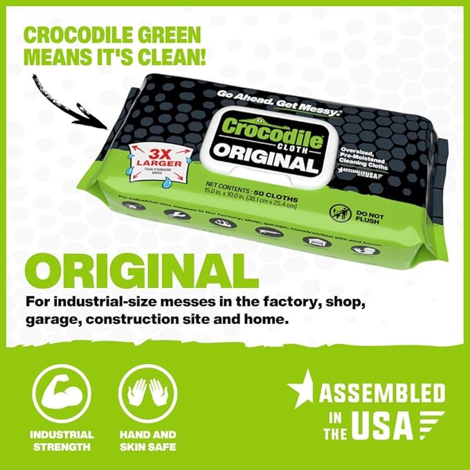 Crocodile Cloth Original Cleaning Wipes, Heavy-Duty Multi-Surface Hand & Tool Wipes, Water-Based, Safe on Skin, 50 Count, 15 x 10 Inch