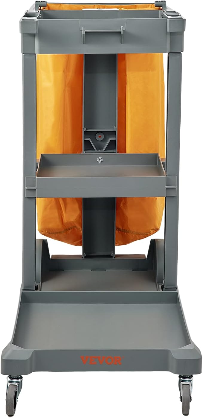 VEVOR Cleaning Cart, 3-Shelf Commercial Janitorial Cart, 200 lbs Capacity Plastic Housekeeping Cart, with 25 Gallon PVC Bag, 47" x 20" x 38.6", Yellow+Grey