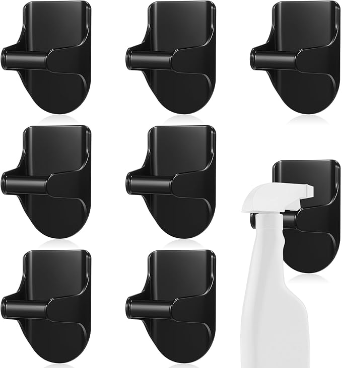 8 Pcs Wall Mount Spray Bottle Hooks Holder Spray Bottle Hanger Adhesive Hook to Create Storage Space Rack Organizer Hanger for Cabinet Kitchen Variety Surfaces (Black)