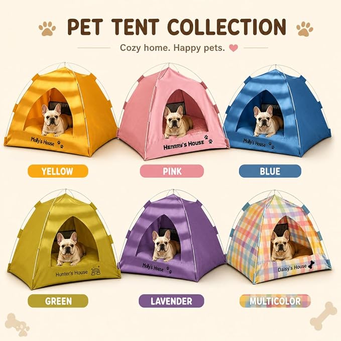 Personalized Cat Dog Pet Tent for Indoor with Name & Paw Print | Portable Foldable Pet Cave Bed, Breathable Mesh Window, Removable Washable Cushion, Ideal for Kittens, Puppies,Small Breeds