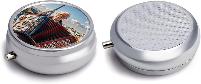 3 Compartment Medicine Pill Case, Musicians and Instruments Round Pill Box, Portable Decorative Medicine Organizer for Pocket Or Purse Vitamin Organize