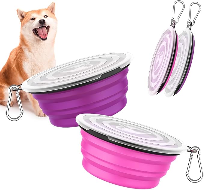 Pawaboo Collapsible Travel Dog Bowls 2 Pack with Lids&Carabiners Silicone | Feeding Watering Bowls for Dogs Cats, Collapsable Water Feeder Food Bowl for Walking Traveling Home Use, Pink + Purple