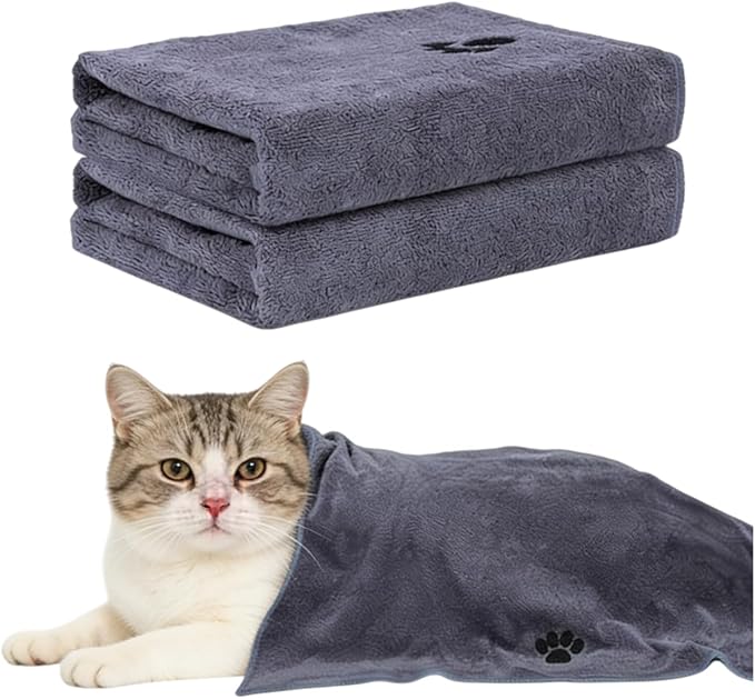 Pet Towel for Dogs and Cats, Gray, Quick-Drying Water-Absorbent Microfiber, 38x19 Inch with Paw Print Design