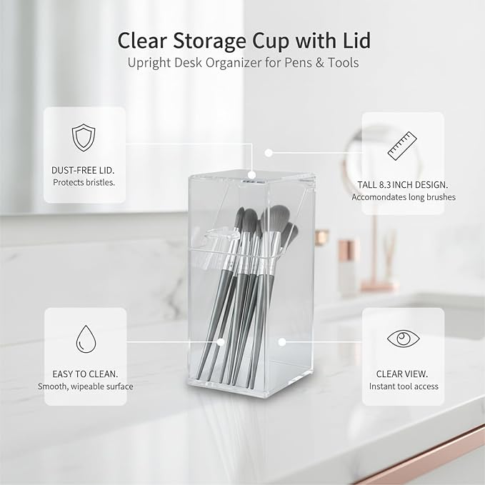 Clear PET Storage Cup with Lid for Pens and Tools, 8.3 Inch Tall Desktop Caddy (1 Count)