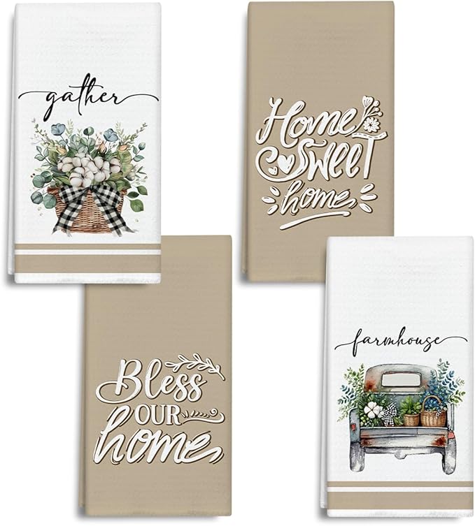 Eucalyptus Truck Brown Kitchen Towels and Dishcloths Set of 4, Sweet Home Decorative Hand Towel Drying Cloth for Bathroom Baking, Housewarming Gift for Hostess, Women, 16x24 Inches -07