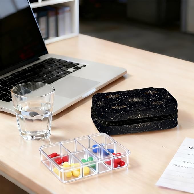 Travel Pill Organizer Black Gold Astrology Compass Small Pill Case