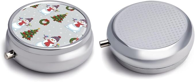 Travel Medicine Box, Christmas Snowman Round Small Organizer, Metal Pill Case for Fish Oil, Portable Dispenser Purse Pocket for Commuters