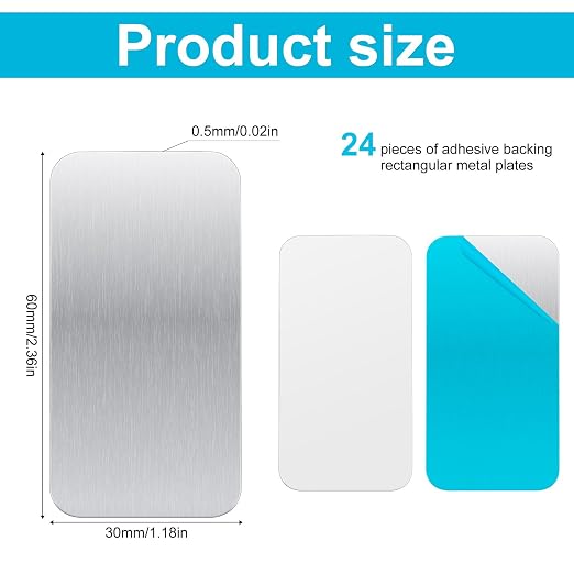 24pcs Adhesive Metal Plates for Magnetic Mounts, 2.36x1.18in Rectangular Iron Strips with Adhesive Backing for Magnets on Non-Steel Vents