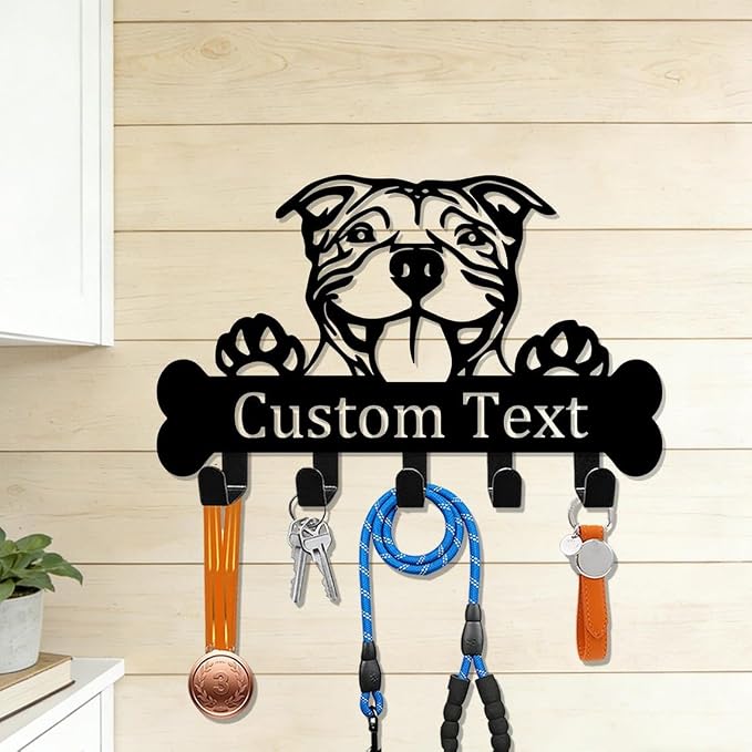 Personalized Pitbull Dog Leash Holder, Custom Hooks, Collar Hanger, Key Holder Wall Mount, Entryway Organizer, Mudroom Decor, Coat Rack, Hooks for Hanging, Hallway Rack, Doorway Decor