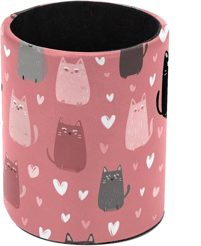 Faux Leather Pen Holder for Desk, Pencil Organizer Funny Cats Pen Cup Desk Decor Makeup Brush Holder Storage for Office Home