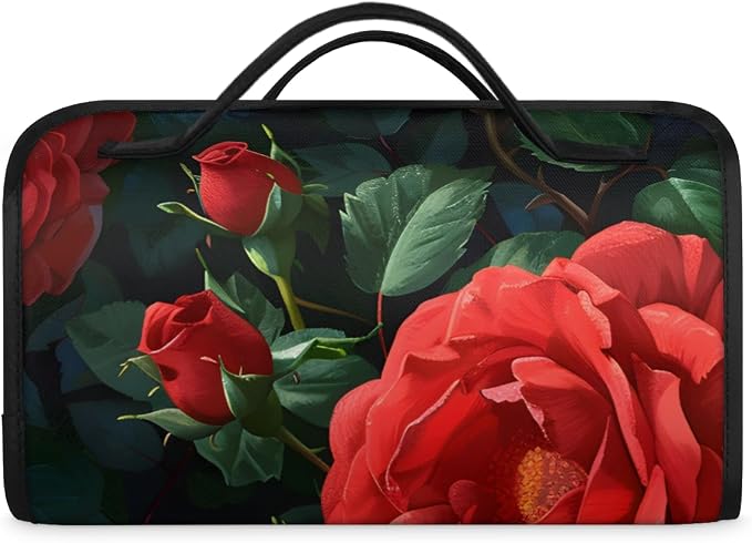 Red Rose Makeup Bag for Women Hanging Roll-Up Travel Organizer Toiletry Kit with 4 Removable Compartments, Red Floral Flower