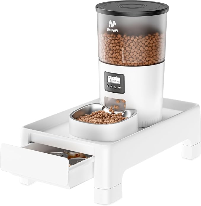 IMIPAW Raised Pet Feeder Stand, Adjustable Height with Drawer to Storage Pet Food, Non-Slip, Suitable for Cat and Puppy Feeders as Well as Water Fountains