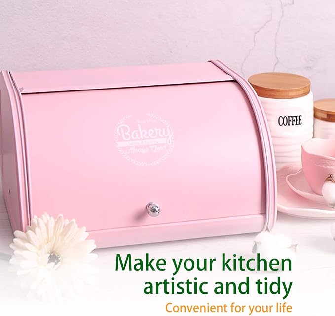 KL X458 Pink Bread Box Roll Top, Metal Bread Box for Kitchen Countertop, Large Capacity, Keeps Bakery Items Fresh Longer, Bread Bin for Kitchen Countertop, Breadbox to Store Cookies, Bagels, Muffins