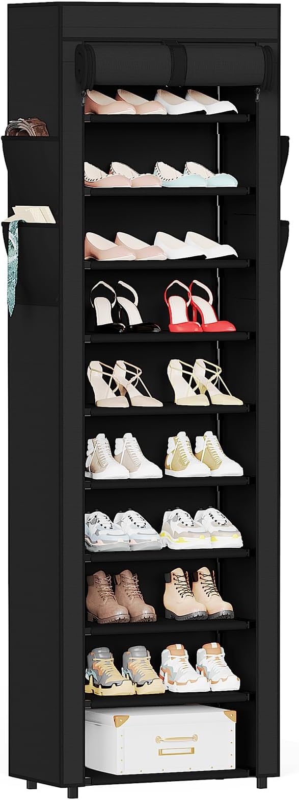 Shoe Rack with Cover, 10 Tier Tall Shoe Organizer for 18-22 Pairs of Shoes | Shoe Organizer with 4 Side Pockets, Shoe Cabinet for Entryway, Closet