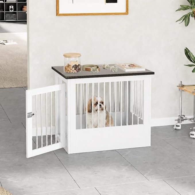 30" Wooden Dog Crate Furniture,Medium Kennel Pet Cage End Table for Indoor | for Small Medium Dogs, White and Black, Fits Living Room Bedroom, Heavy Duty Steel Frame with Lock 45 lbs Cap, 100 lbs Top.