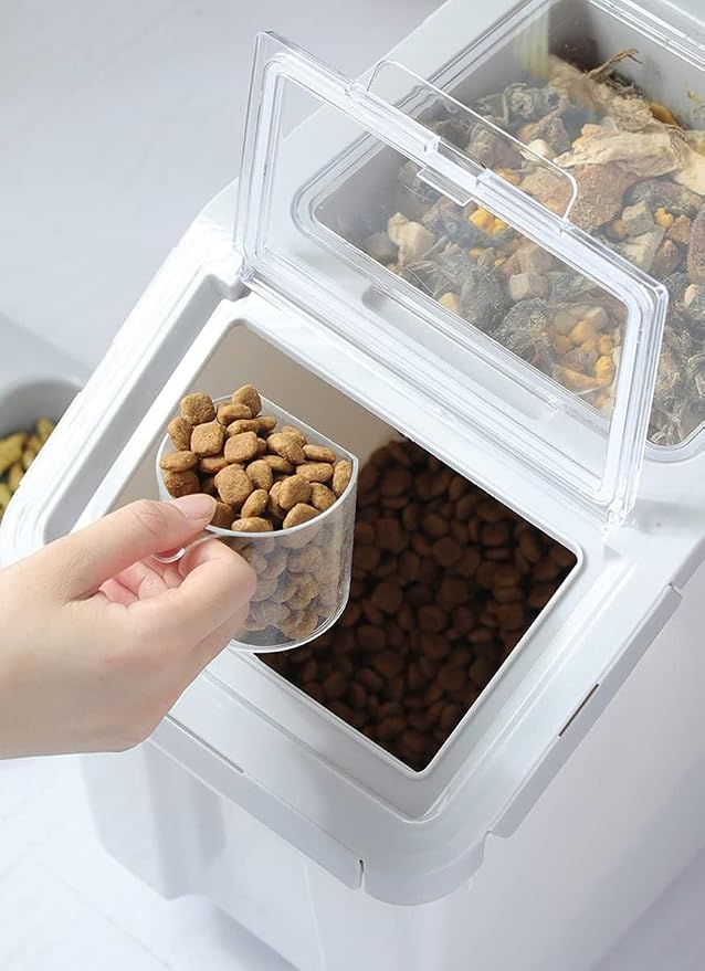 RUIAN Dog Food Storage Container Airtight Dry Cat Food BinGrey & Pink, 2Pcs | with Measuring Cup and Handle, Holds About 10-20 lb Depending on Kibble Size, BPA Free Pet Food Storage Container