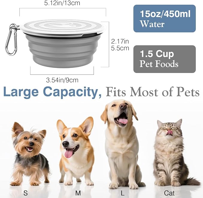 Pawaboo Collapsible Travel Dog Bowls 2 Pack with Lids&Carabiners Silicone | Feeding Watering Bowls for Dogs Cats, Collapsable Water Feeder Food Bowl for Walking Traveling Home Use, Blue + Grey