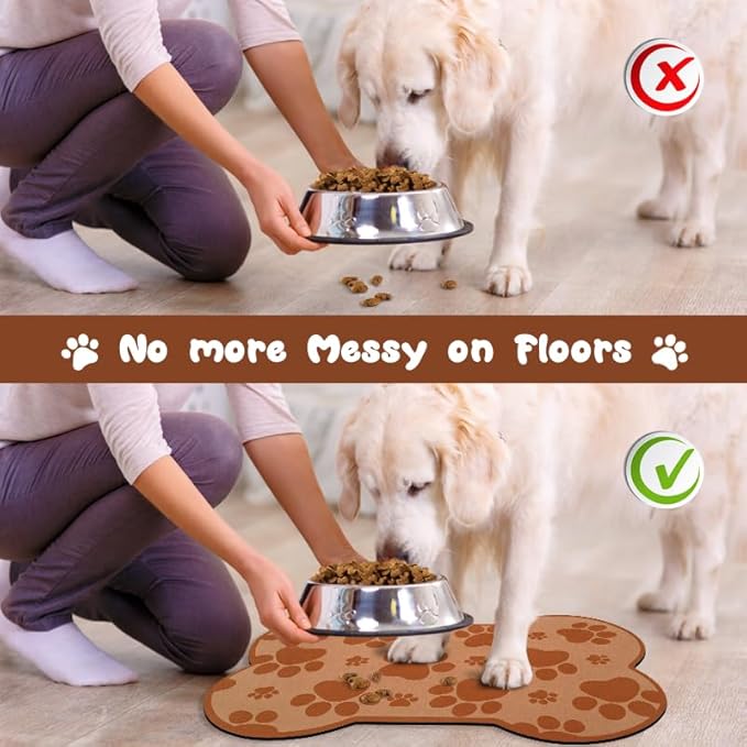 Dog Food Mats for Floors Waterproof, Pet Feeding Absorbent Water Bowl Mat Cat Placemats Brown Bone Shape 19 * 12 inch