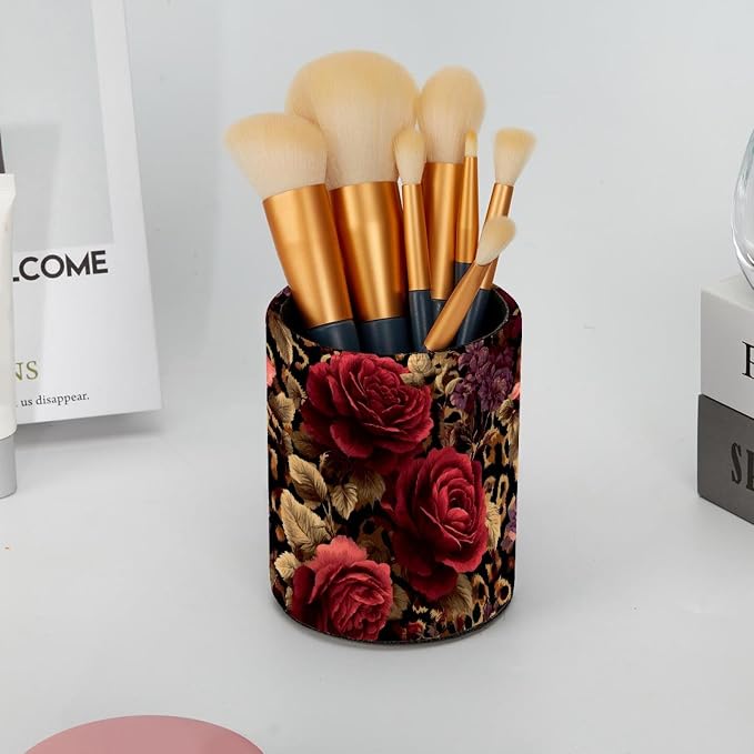 Faux Leather Pen Holder for Desk, Pencil Organizer Leopard Print and Roses Pen Cup Desk Decor Makeup Brush Holder Storage for Office Home