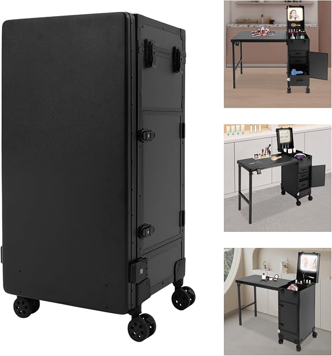 Portable Rolling Travel Nail Desk, Foldable Nail Tables Travel Cosmetic Trolley Storage Organizer with LED Mirror & 3 Drawers for air Stylists Pet Groomers Makeup Artists Salon (Black2)