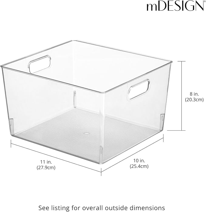 mDesign Large Modern Stackable Plastic Storage Organizer Bin Basket with Handles for Bathroom Vanity Organization - Shelf, Cubby, Cabinet, or Closet Organizing Decor - Ligne Collection - 4 Pack, Clear