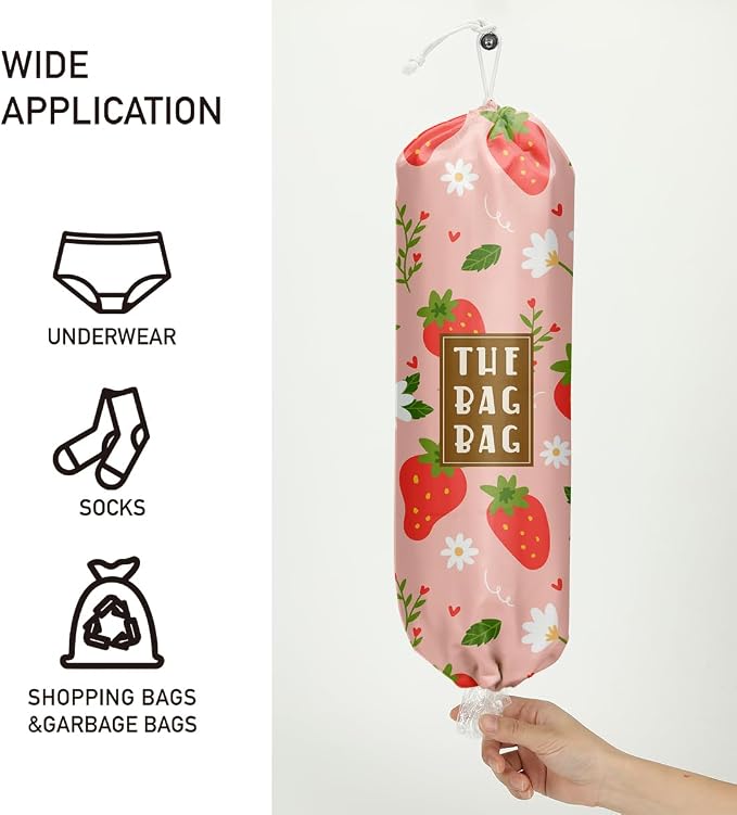 Plastic Bag Holder,Reusable And Washable Country Style Grocery Bag organizer,For Home Kitchen Travelling Camping Decor, use 1 Pack,Red strawberry Pattern
