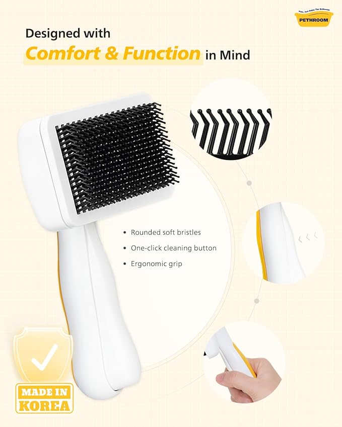 PETHROOM Self-Cleaning Slicker Brush for Dogs & Cats – Gentle Grooming & Deshedding Tool, Removes Mats & Tangles, Skin-Friendly Coated Tips, One-Touch Hair Removal Button