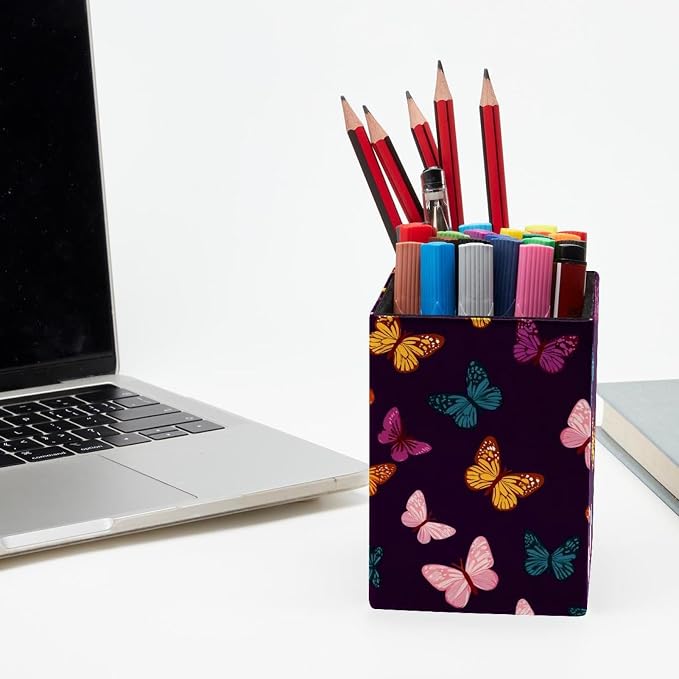 Butterfly Pen Holder for Desk Decor, Rectangular PVC Leather Pencil Cup for Desk Pen Organizer, Makeup Brush Holder for School, Home, Office