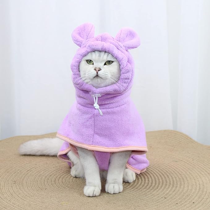 Dog Bathrobe Towel, Cat Bathrobe Microfiber Fast Drying Absorbent Hooded Bath Towel for Puppy Small Medium Large Dog Cat(Purple,XS)