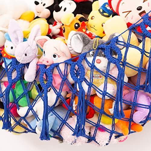 Stuffed animals net or hammock for wall hanging basket macrame toy storage mesh (Blue)