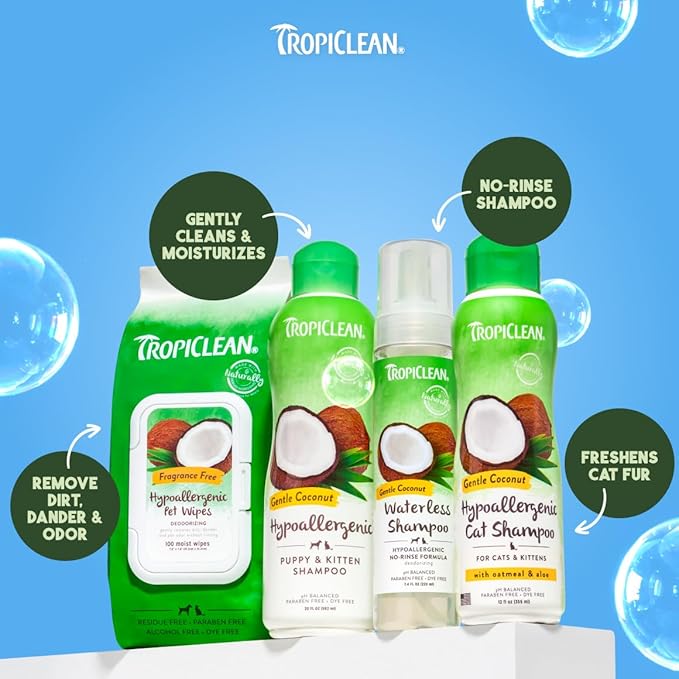 TropiClean Gentle Kitten & Cat Shampoo, Pet Shampoo for Allergies & Sensitive Skin, Made in USA, Gentle Coconut Scent, Safe for Puppies & Dogs, 12oz.