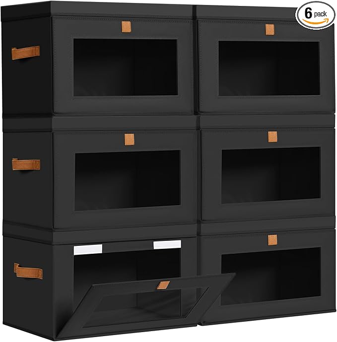 DIMJ Storage Bins with Lids - 6 Pack Large Fabric Closet Organizer with Window & Handles, Collapsible Decorative Storage Boxes for Shelves Under Bed, Books Clothes Blankets Sweaters Organization