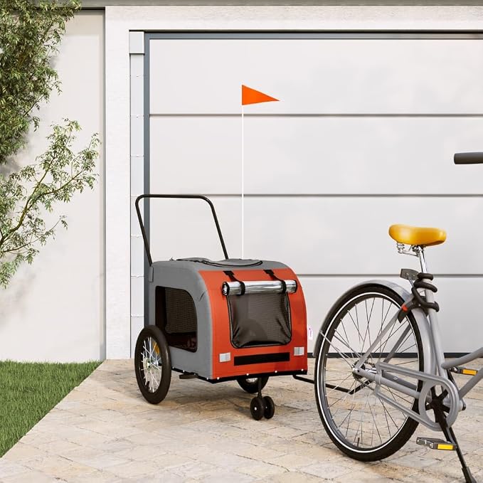 Pet Bike Trailer Orange and Gray Oxford Fabric Dog Bicycle Trailer with Iron Frame, 3-Wheel Pet Cargo Carrier for Small Dogs and Groceries, Includes Safety Flag and Reflectors