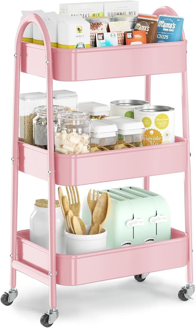 3 Tier Utility Rolling Cart, Metal Storage Cart with Handle and Lockable Wheels, Multifunctional Storage Organizer Trolley with Mesh Baskets for Kitchen, Living Room, Office, Garage (Pink)