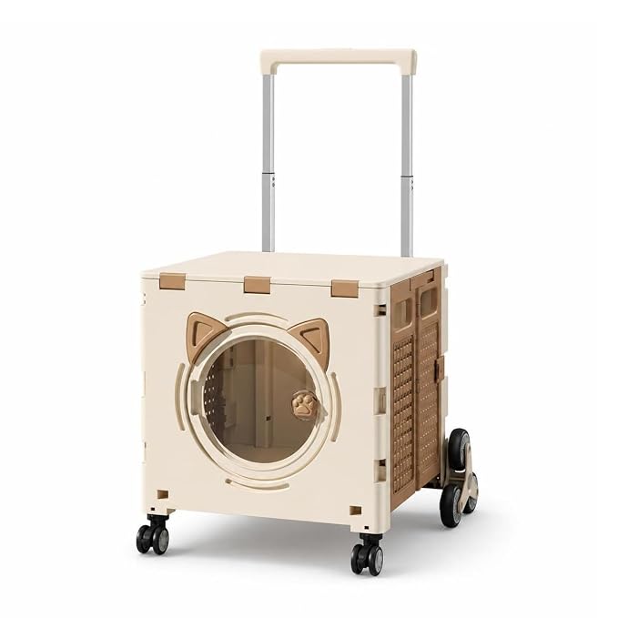 Outdoor Travel Cart Foldable Pet Trolley Carrier Crate with Box Body and Side with Telescopic Handle and Smooth Roll, Array, Khaki, Eight-Wheel Climbing Model