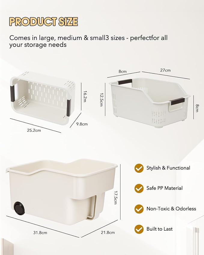 3 Pack PP Organizer with Wheeled Storage box for Kitchen Cabinet Bin | 3 pack organizer kitchen, laundry, garage at once; organizer with rolling wheels glide out from high cabinets easily