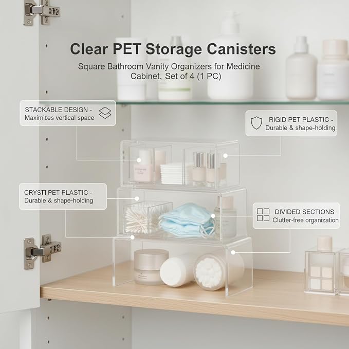 Clear PET Storage Canisters, Square Bathroom Vanity Organizers for Medicine Cabinet, Set of 4 (1 PC)