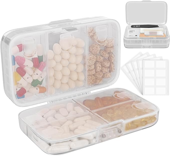 FYY Travel Pill Organizer, Large Weekly Medicine Pill Organizer-Clear | Airtight Moistureproof Medicine Case, Easy to Use, 8 Compartment Pill Box for Vitamins, Fish Oil, Supplements, Mini First Aid