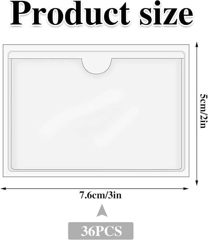 36 Pack Clear Adhesive Label Holders, 2 x 3 Inch Index Card Pockets | Top-loading PVC pockets; sticks to bins, shelves, wood, metal, plastic, and cardboard; clear, durable, easy to replace cards
