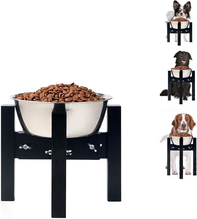 Elevated Dog Bowl Stand Adjustable Dog Food Holder 7”H Small Black | 7” Elevated Dog Bowl Stand, Small Dogs, Adjustable, Fits 6”-8” Bowls, Single Bowl Holder, Natural Bamboo, Classic Black