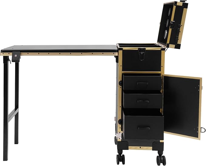 Rolling Manicure Desk Makeup Train Case, Foldable Nail Tables, Travel Cosmetic Trolley with Remote Control and Adapter for Hair Stylists, Pet Groomers, Makeup Artists (Black, Gold)