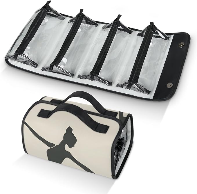 Ballerina Makeup Bag for Women Hanging Roll-Up Travel Organizer Toiletry Kit with 4 Removable Compartments, Dance Ballet