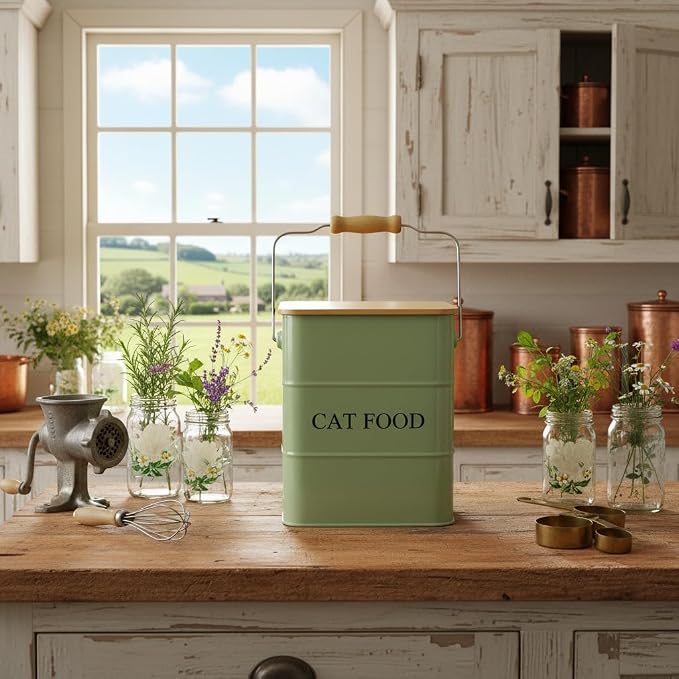 Morezi Cat food storage container storage bin with wooden lid scoop included green metal cat food container in kitchen countertop